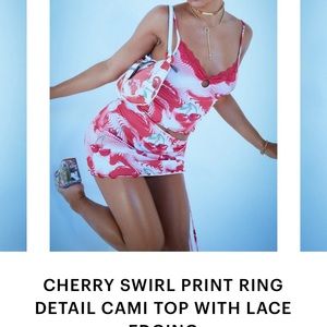 Cherry Swirl Print - Ring detail cami top with lace edging by Jaded London